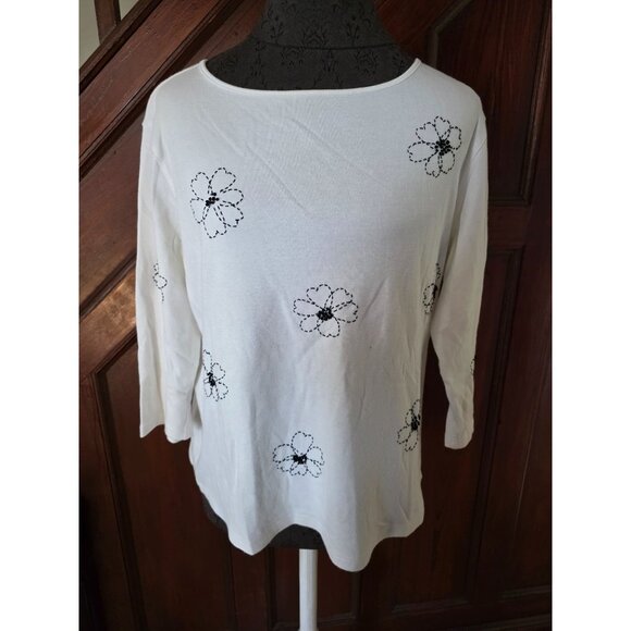 Talbots Womens Embroidered Black Floral White Top L Cotton - Picture 1 of 6